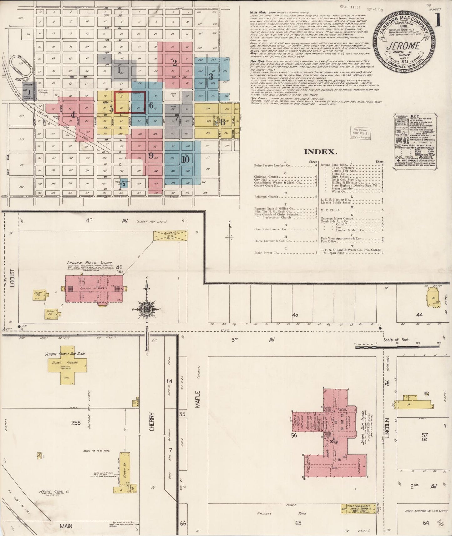 Sanborn Fire Insurance Map from Jerome, Jerome County, Idaho (1921), Sheet #0001 - Complete Map Set gallery image, historic Sanborn map, vintage wall art, Idaho Idaho