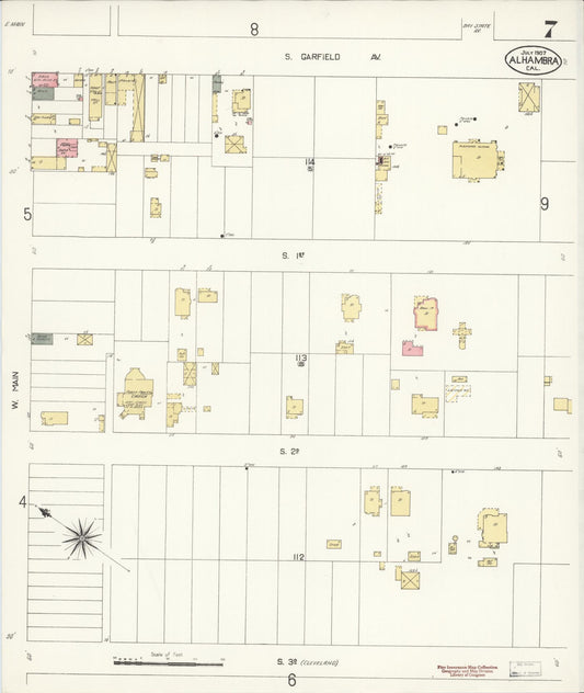 Sanborn Fire Insurance Map from Alhambra, Los Angeles County, California (1907), Sheet #0007 - Historic Sanborn Fire Insurance Map Print, vintage old map wall art, antique decor, genealogy gift, California California map