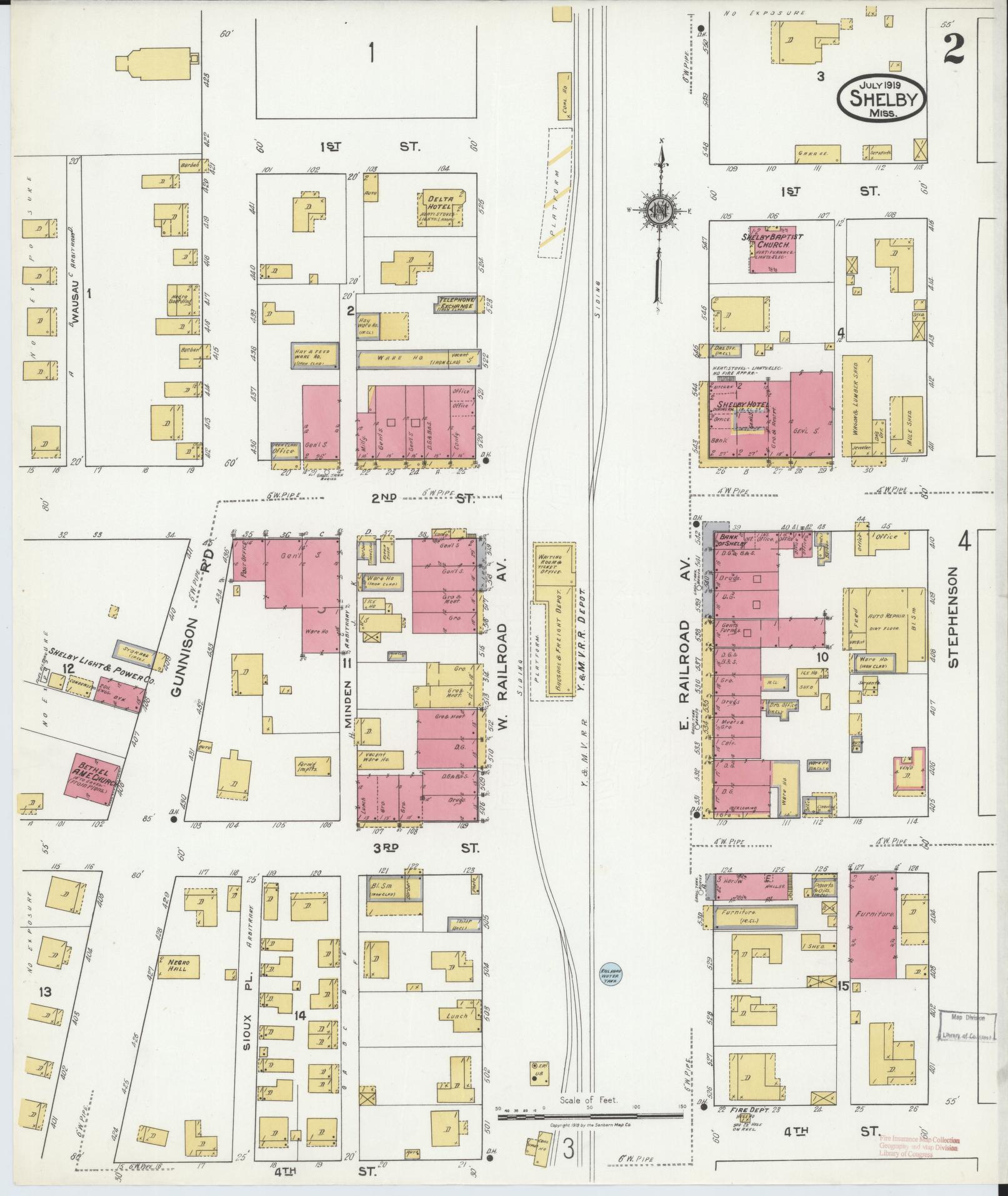 Sanborn Fire Insurance Map from Shelby, Bolivar County, Mississippi (1919), Sheet #0002 - Historic Sanborn Fire Insurance Map Print, vintage old map wall art, antique decor, genealogy gift, Mississippi Mississippi map
