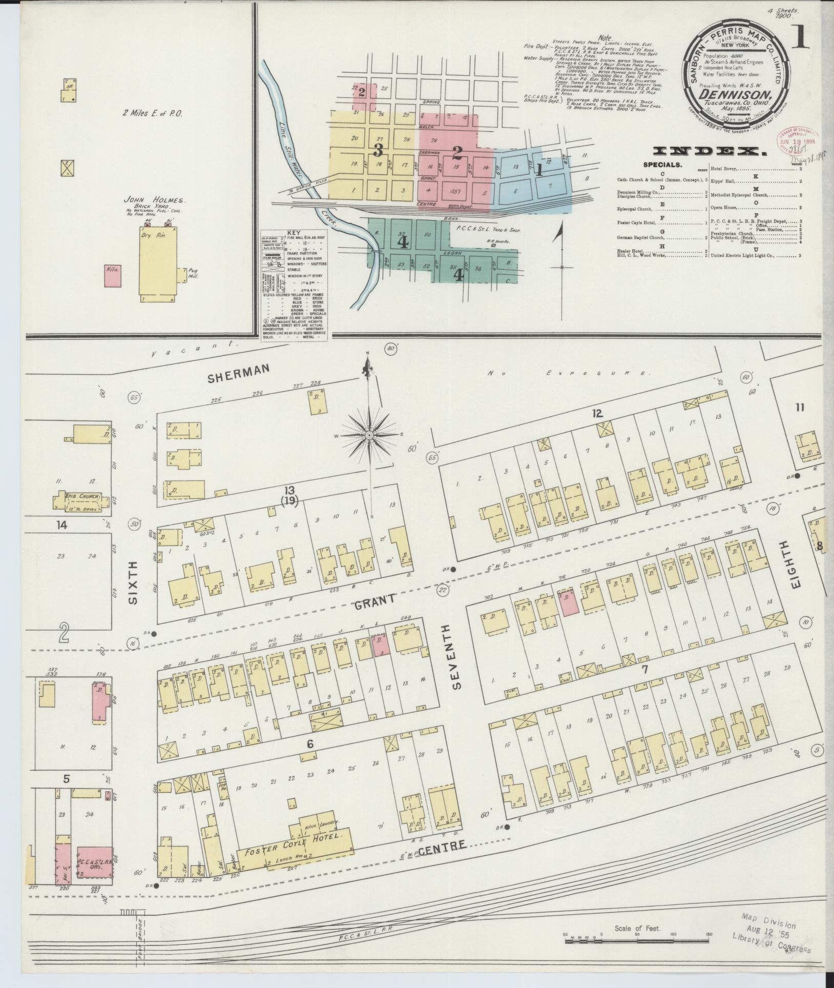 Sanborn Fire Insurance Map from Dennison, Tuscarawas County, Ohio (1895), Sheet #0001 - Historic Sanborn Fire Insurance Map Print, vintage old map wall art, antique decor, genealogy gift, Ohio Ohio map