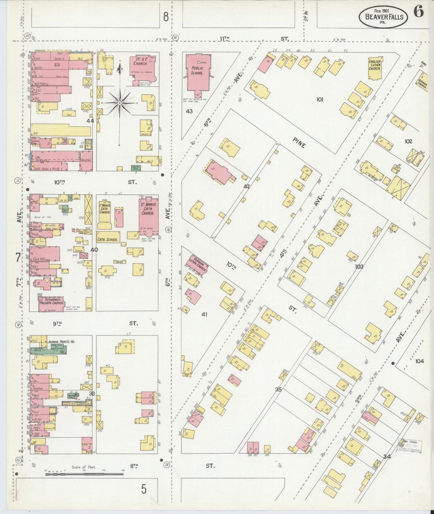 Sanborn Fire Insurance Map from Beaver Falls, Beaver County, Pennsylvania (1901), Sheet #0006 - Historic Sanborn Fire Insurance Map Print, vintage old map wall art, antique decor, genealogy gift, Pennsylvania Pennsylvania map