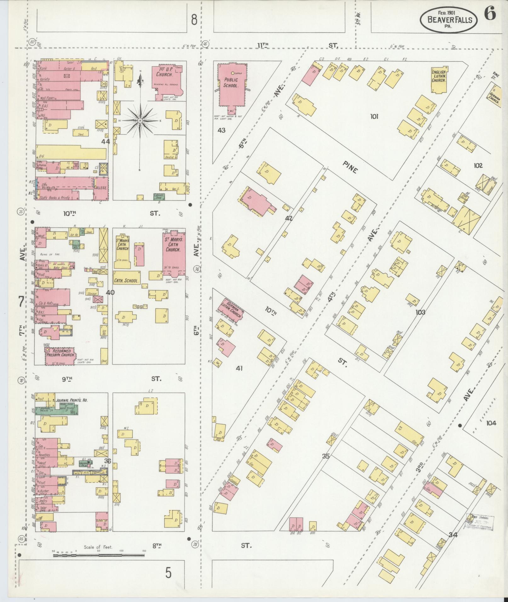 Sanborn Fire Insurance Map from Beaver Falls, Beaver County, Pennsylvania (1901), Sheet #0006 - Historic Sanborn Fire Insurance Map Print, vintage old map wall art, antique decor, genealogy gift, Pennsylvania Pennsylvania map