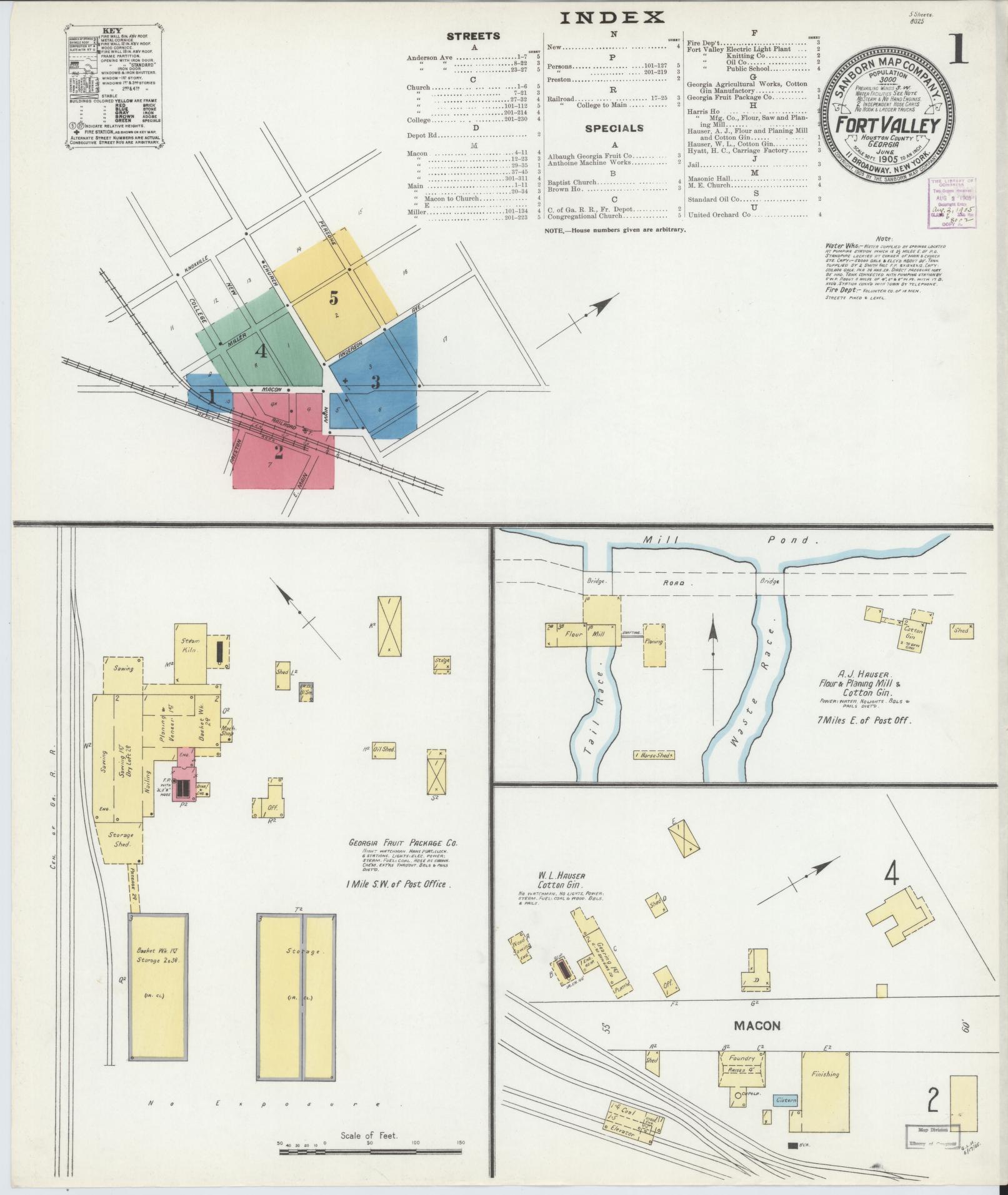 Sanborn Fire Insurance Map from Fort Valley, Peach County, Georgia (1905), Sheet #0001 - Complete Map Set gallery image, historic Sanborn map, vintage wall art, Georgia Georgia