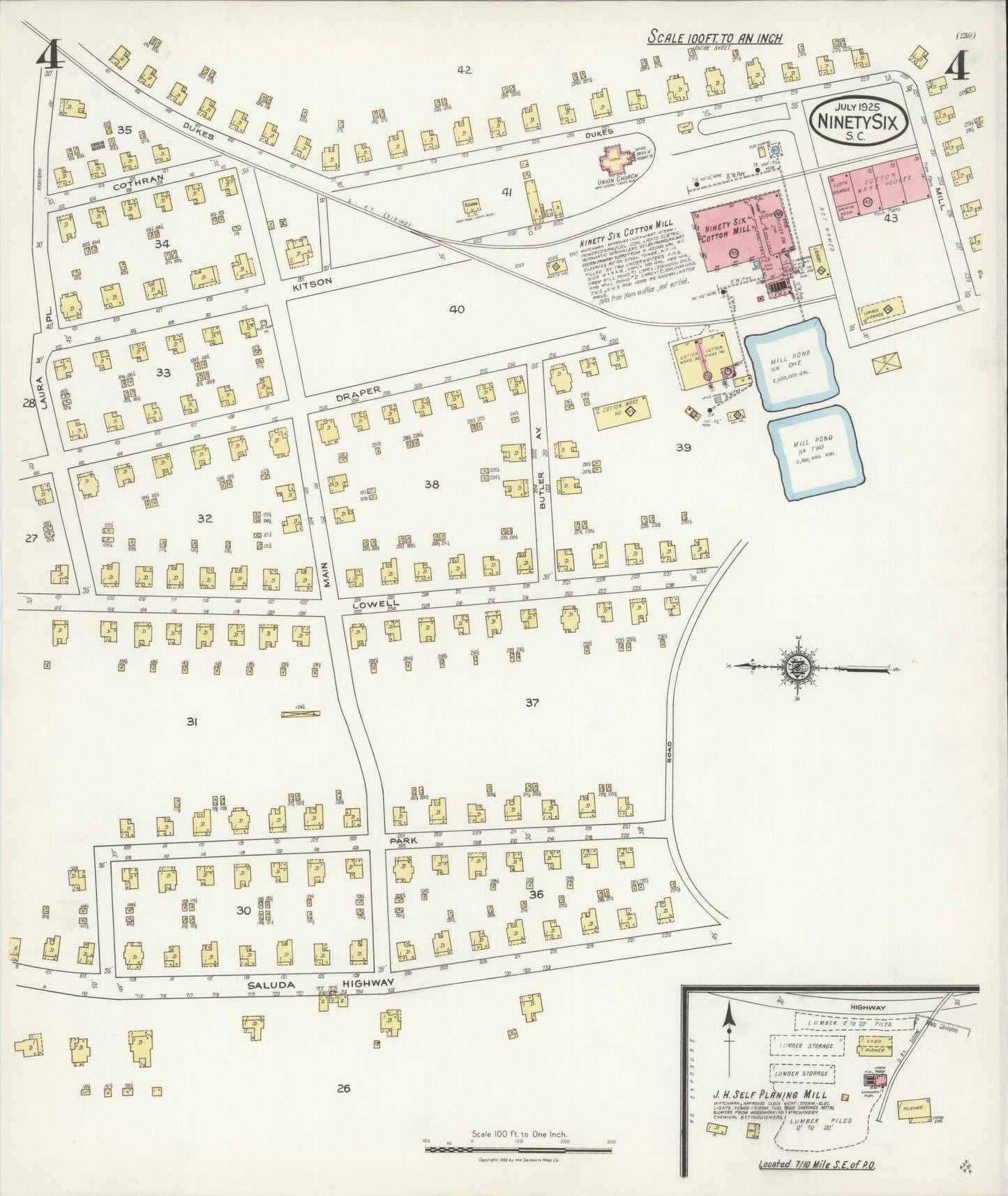 Sanborn Fire Insurance Map from Ninety Six, Greenwood County, South Carolina (1925), Sheet #0004 - Complete Map Set gallery image, historic Sanborn map, vintage wall art, South Carolina South Carolina