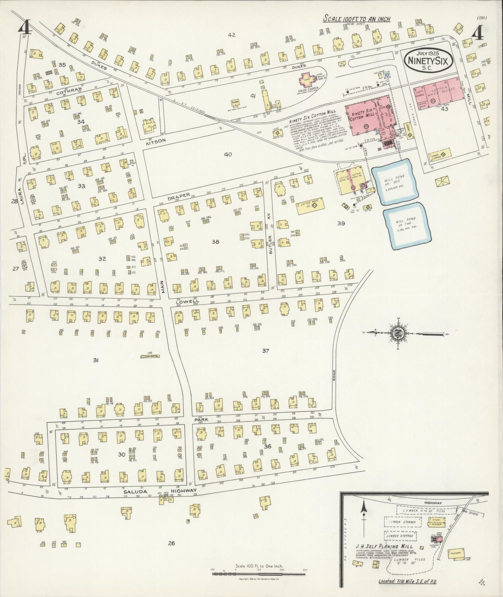 Sanborn Fire Insurance Map from Ninety Six, Greenwood County, South Carolina (1925), Sheet #0004 - Complete Map Set gallery image, historic Sanborn map, vintage wall art, South Carolina South Carolina