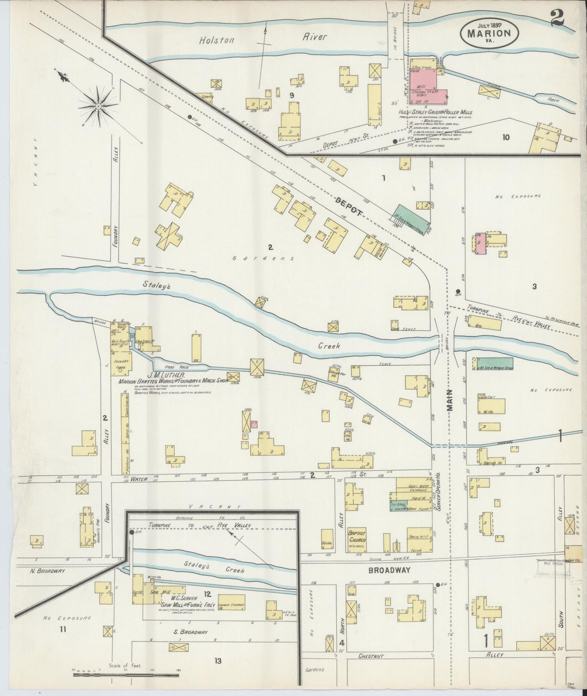 Sanborn Fire Insurance Map from Marion, Smyth County, Virginia (1897), Sheet #0002 - Historic Sanborn Fire Insurance Map Print, vintage old map wall art, antique decor, genealogy gift, Virginia Virginia map