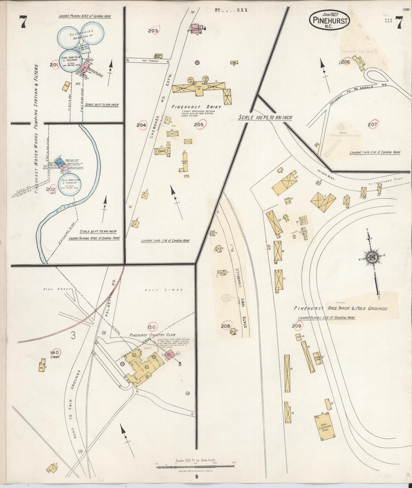 Sanborn Fire Insurance Map from Pinehurst, Moore County, North Carolina (1939), Sheet #0007 - Historic Sanborn Fire Insurance Map Print, vintage old map wall art, antique decor, genealogy gift, North Carolina North Carolina map