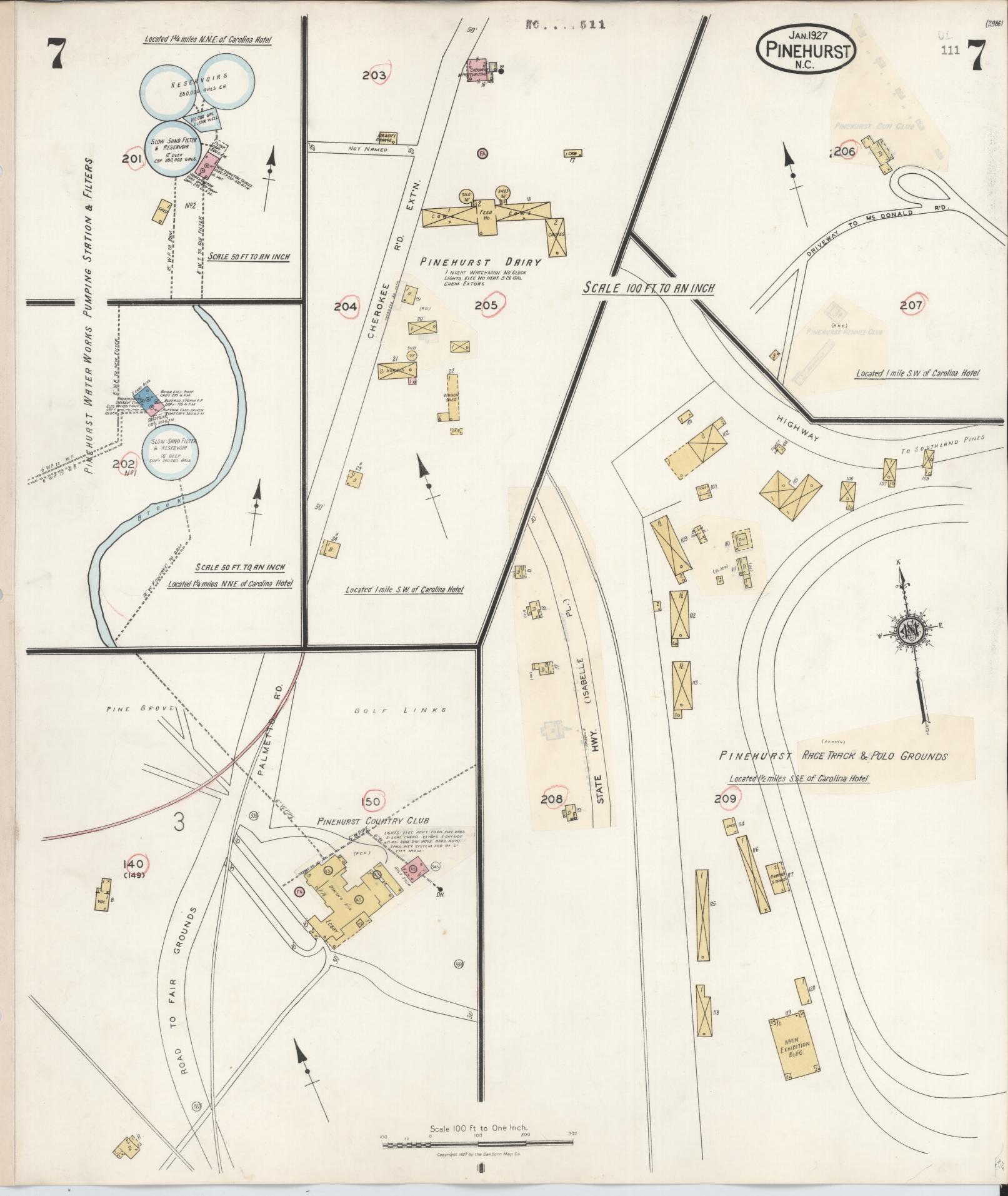 Sanborn Fire Insurance Map from Pinehurst, Moore County, North Carolina (1939), Sheet #0007 - Historic Sanborn Fire Insurance Map Print, vintage old map wall art, antique decor, genealogy gift, North Carolina North Carolina map