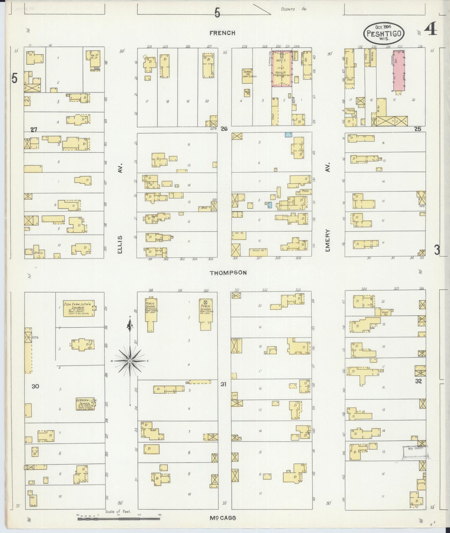 Sanborn Fire Insurance Map from Peshtigo, Marinette County, Wisconsin (1904), Sheet #0004 - Complete Map Set gallery image, historic Sanborn map, vintage wall art, Wisconsin Wisconsin