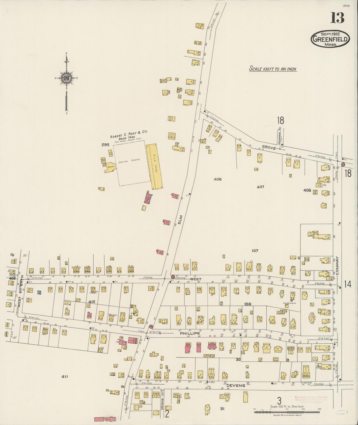 Sanborn Fire Insurance Map from Greenfield, Franklin County, Massachusetts (1922), Sheet #0013 - Complete Map Set gallery image, historic Sanborn map, vintage wall art, Massachusetts Massachusetts