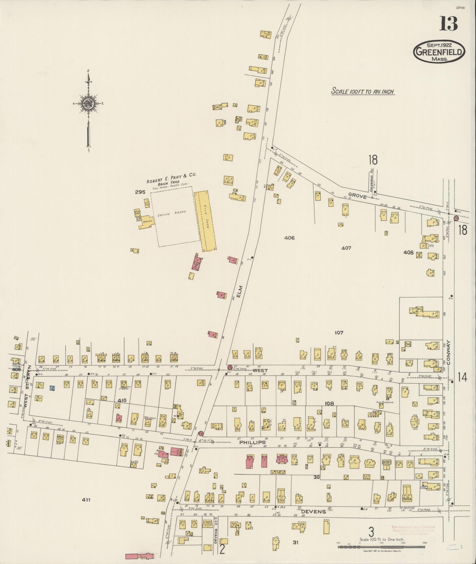 Sanborn Fire Insurance Map from Greenfield, Franklin County, Massachusetts (1922), Sheet #0013 - Complete Map Set gallery image, historic Sanborn map, vintage wall art, Massachusetts Massachusetts