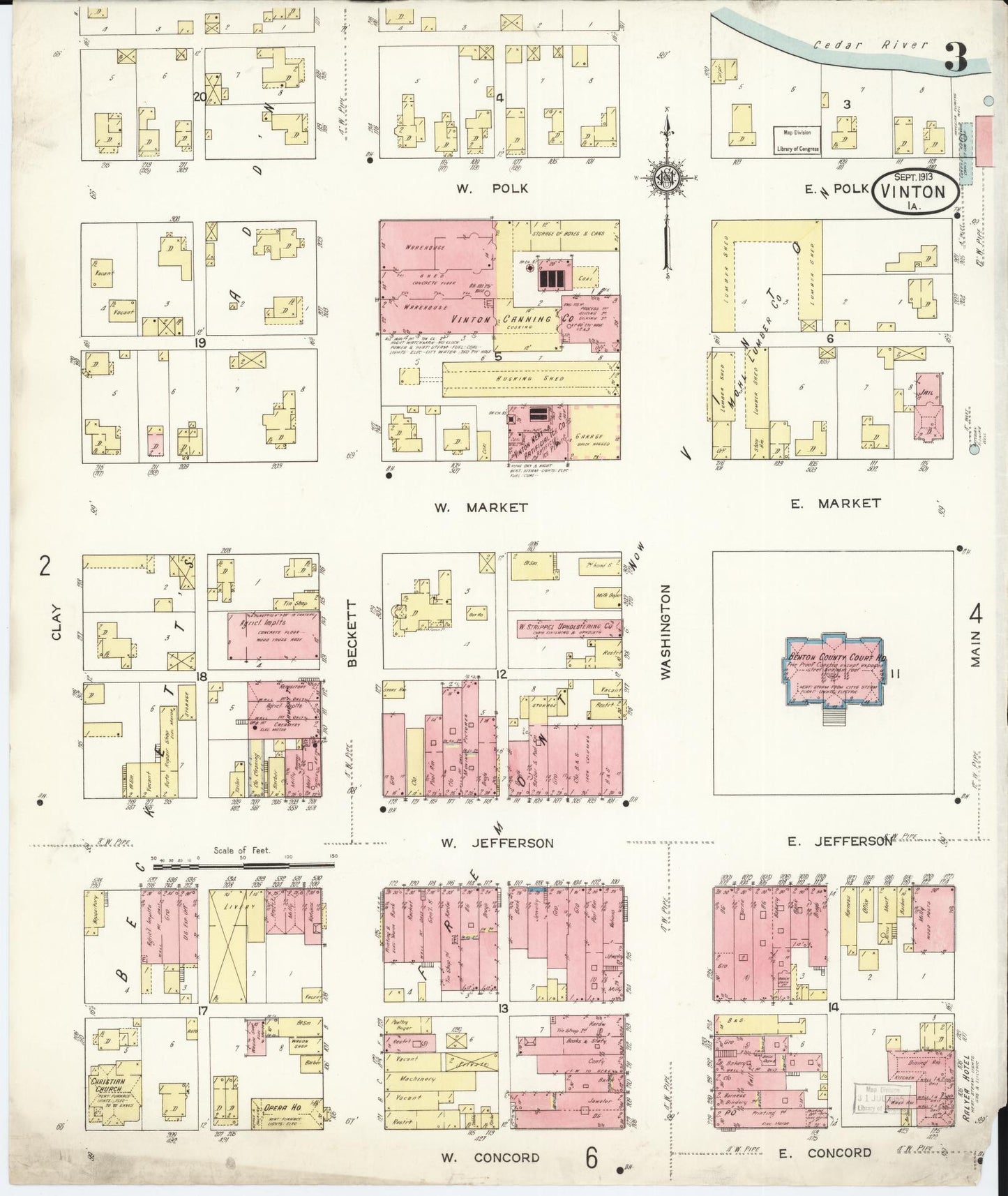 Sanborn Fire Insurance Map from Vinton, Benton County, Iowa (1913), Sheet #0003 - Historic Sanborn Fire Insurance Map Print, vintage old map wall art