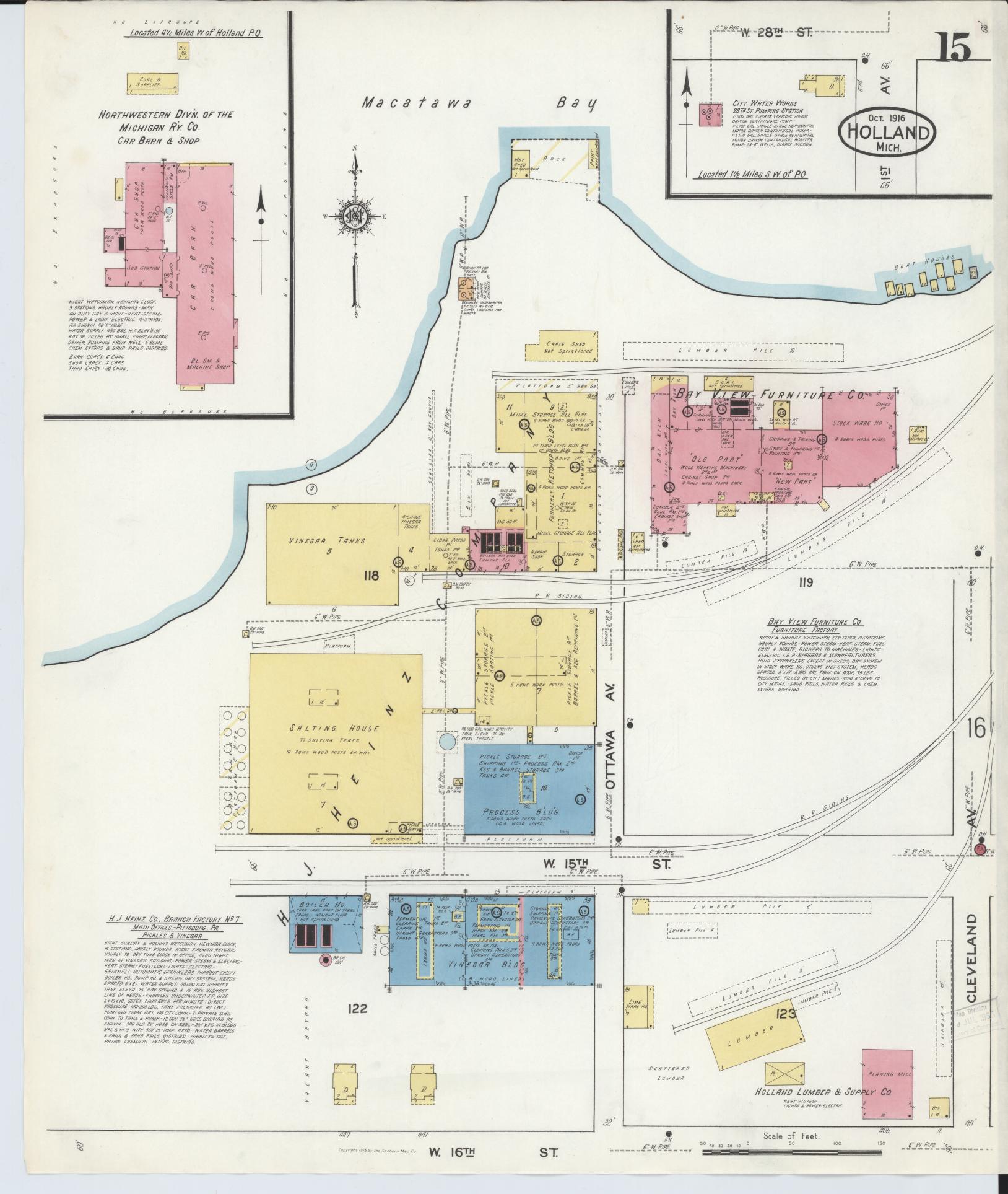 Sanborn Fire Insurance Map from Holland, Ottawa County, Michigan (1916), Sheet #0015 - Complete Map Set gallery image, historic Sanborn map, vintage wall art, Michigan Michigan