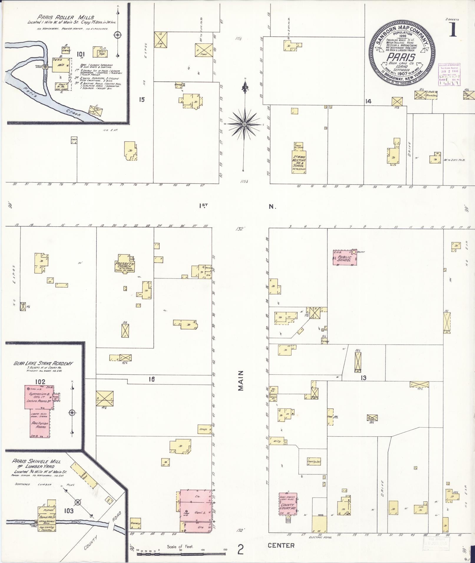 Sanborn Fire Insurance Map from Paris, Bear Lake County, Idaho (1907), Sheet #0001 - Complete Map Set gallery image, historic Sanborn map, vintage wall art, Idaho Idaho