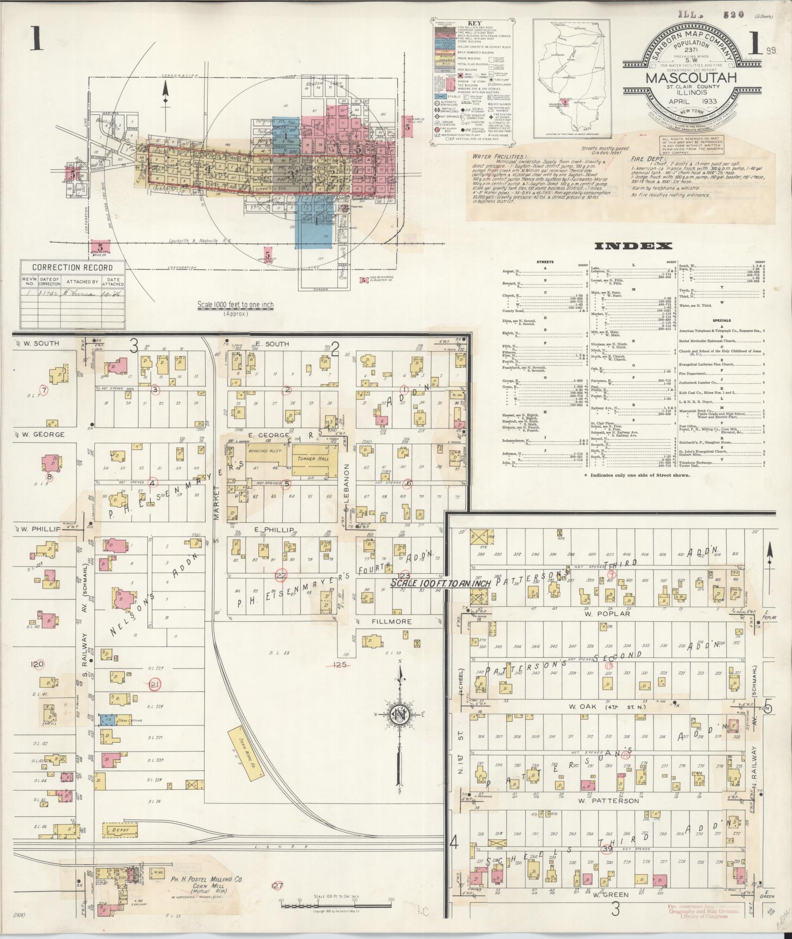 Sanborn Fire Insurance Map from Mascoutah, Saint Clair County, Illinois (1942), Sheet #0001 - Complete Map Set gallery image, historic Sanborn map, vintage wall art, Illinois Illinois