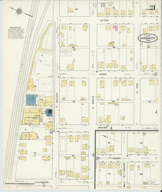 Sanborn Fire Insurance Map from Johnson City, Washington County, Tennessee (1913), Sheet #0021 - Historic Sanborn Fire Insurance Map Print, vintage old map wall art, antique decor, genealogy gift, Tennessee Tennessee map