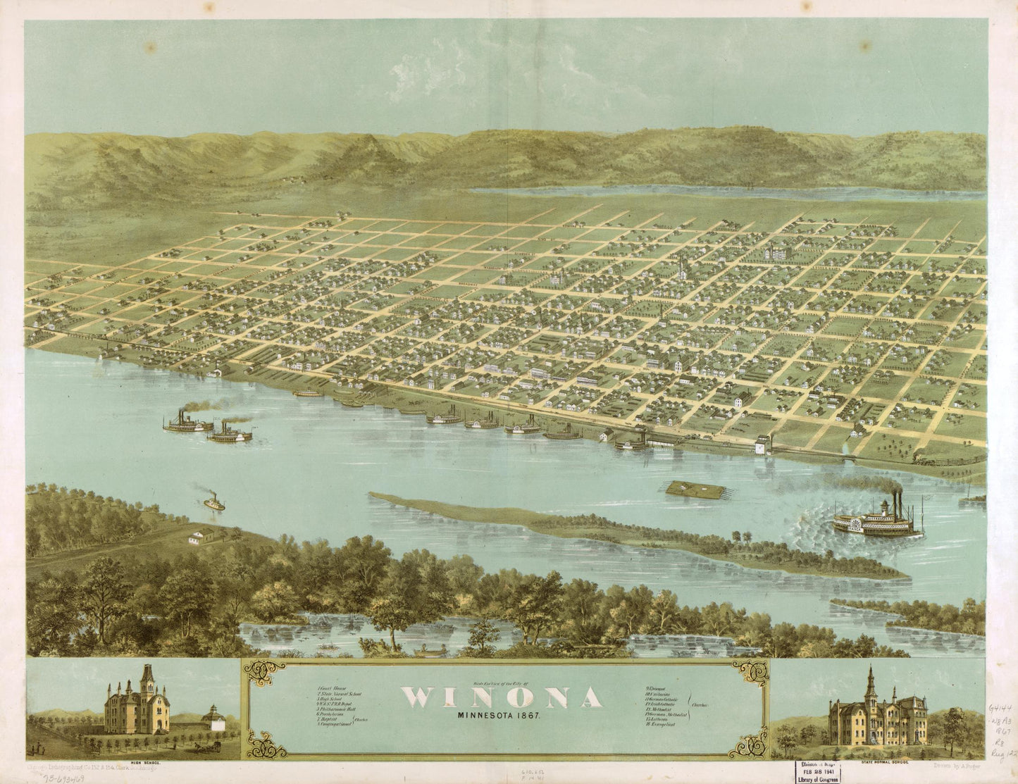 Birds eye view of the city of Winona, Minnesota 1867. (1867) – Historic Bird’s-Eye View Panorama Print