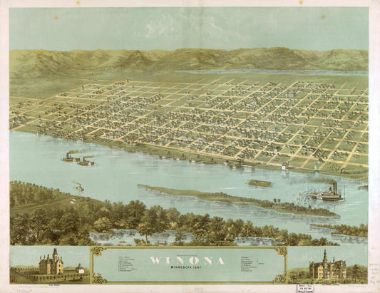 Birds eye view of the city of Winona, Minnesota 1867. (1867) – Historic Bird’s-Eye View Panorama Print