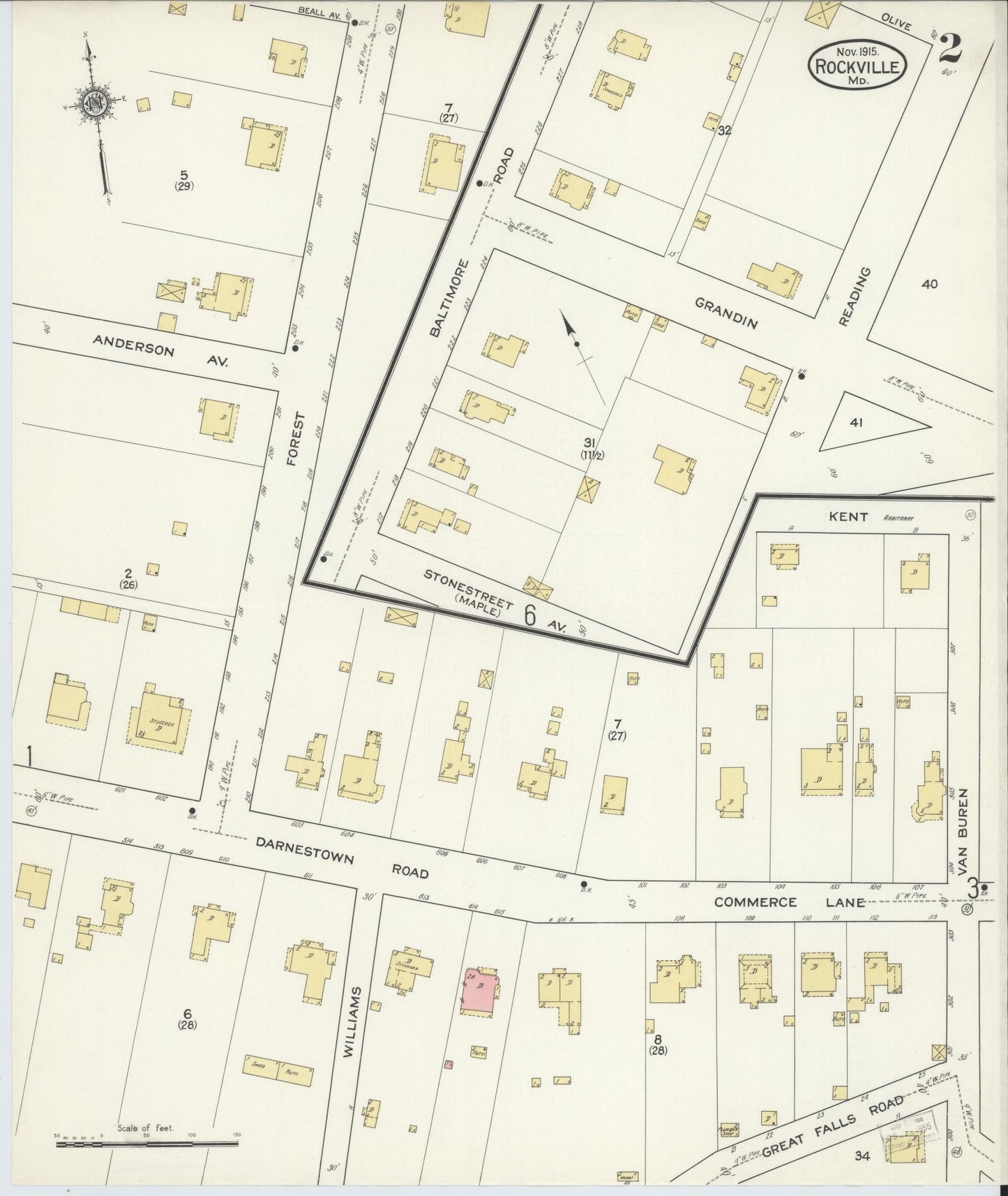 Sanborn Fire Insurance Map from Rockville, Montgomery County, Maryland (1915), Sheet #0002 - Historic Sanborn Fire Insurance Map Print, vintage old map wall art