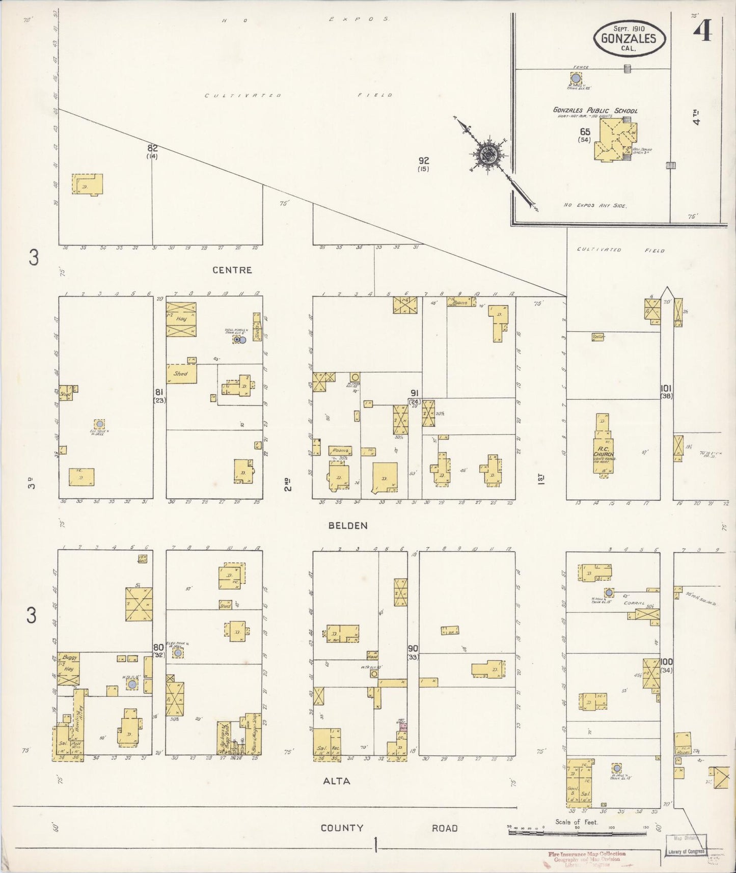 Sanborn Fire Insurance Map from Gonzales, Monterey County, California (1910), Sheet #0004 - Historic Sanborn Fire Insurance Map Print, vintage old map wall art, antique decor, genealogy gift, California California map