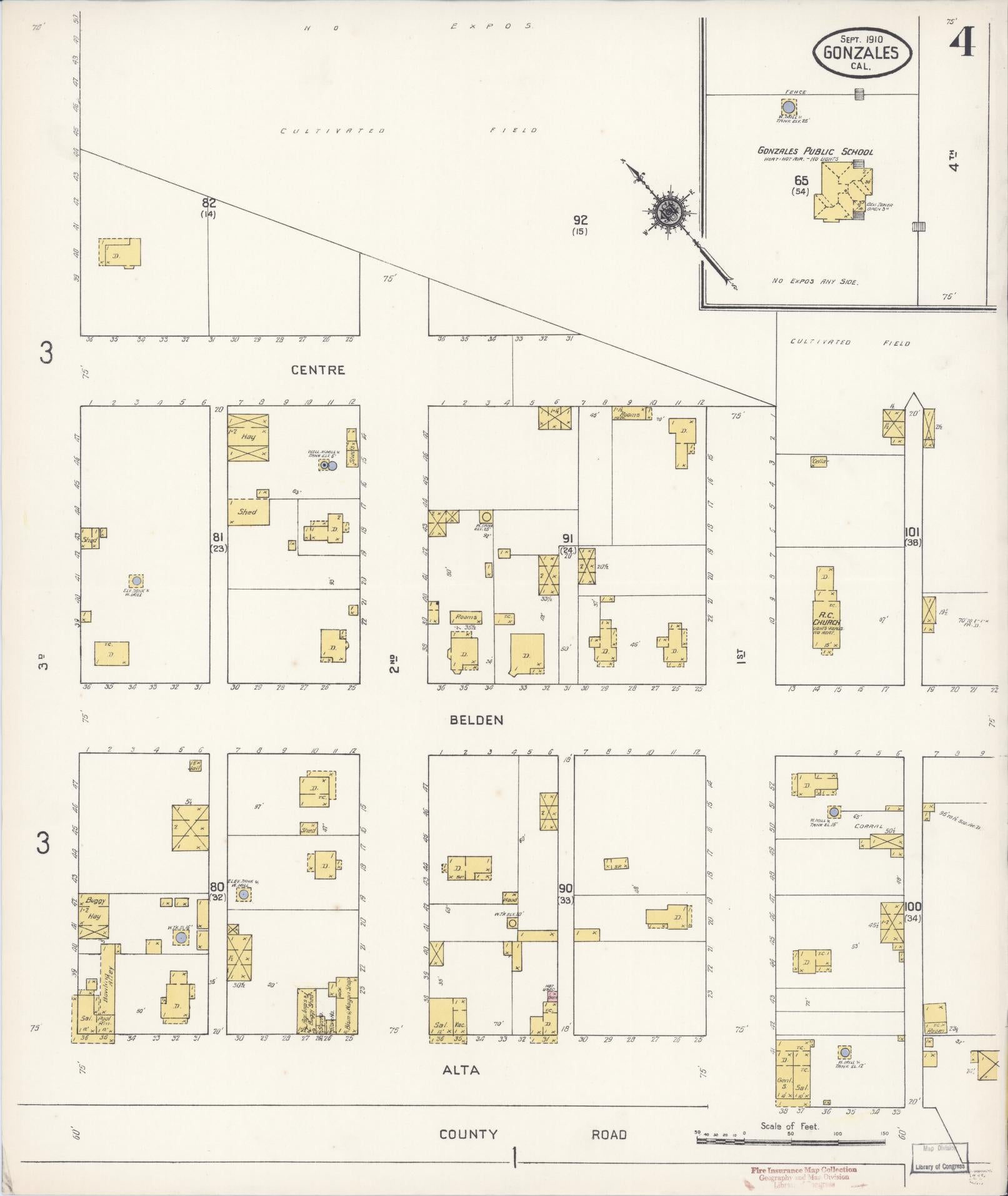 Sanborn Fire Insurance Map from Gonzales, Monterey County, California (1910), Sheet #0004 - Historic Sanborn Fire Insurance Map Print, vintage old map wall art, antique decor, genealogy gift, California California map