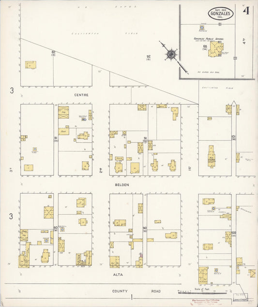 Sanborn Fire Insurance Map from Gonzales, Monterey County, California (1910), Sheet #0004 - Historic Sanborn Fire Insurance Map Print, vintage old map wall art, antique decor, genealogy gift, California California map