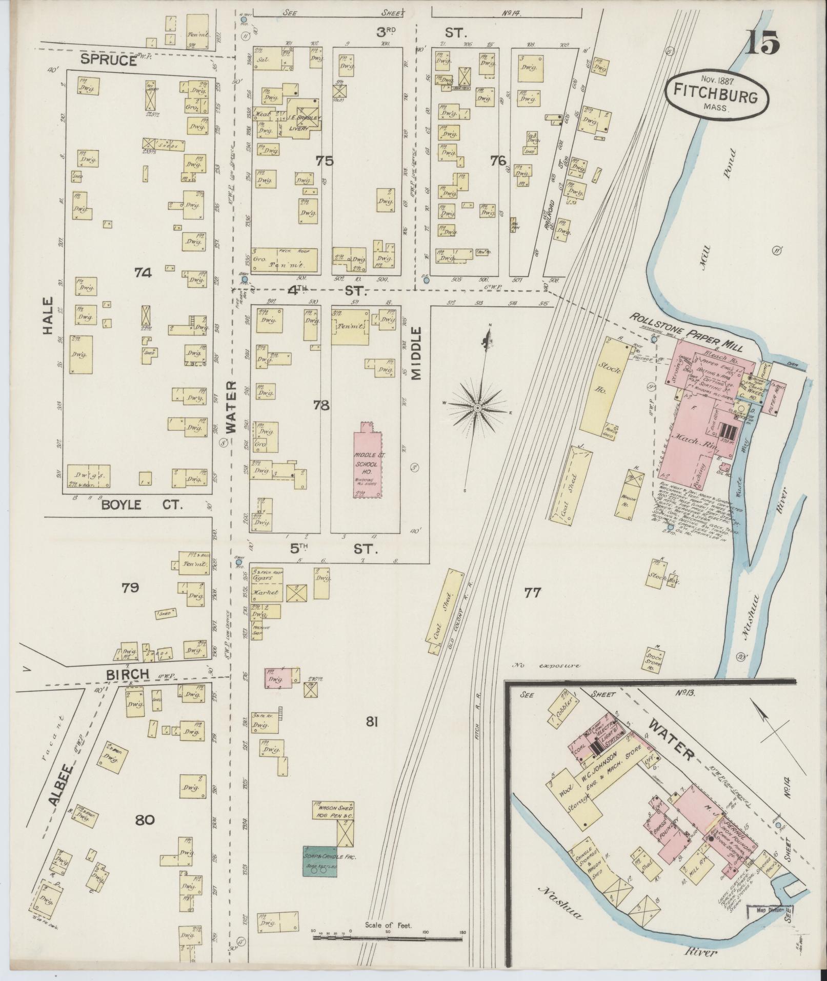 Sanborn Fire Insurance Map from Fitchburg, Worcester County, Massachusetts (1887), Sheet #0015 - Historic Sanborn Fire Insurance Map Print, vintage old map wall art, antique decor, genealogy gift, Massachusetts Massachusetts map