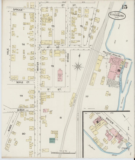 Sanborn Fire Insurance Map from Fitchburg, Worcester County, Massachusetts (1887), Sheet #0015 - Historic Sanborn Fire Insurance Map Print, vintage old map wall art, antique decor, genealogy gift, Massachusetts Massachusetts map
