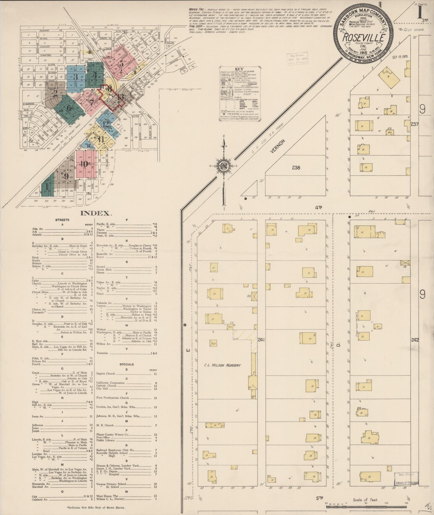 Sanborn Fire Insurance Map from Roseville, Placer County, California (1915), Sheet #0001 - Complete Map Set gallery image, historic Sanborn map, vintage wall art, California California