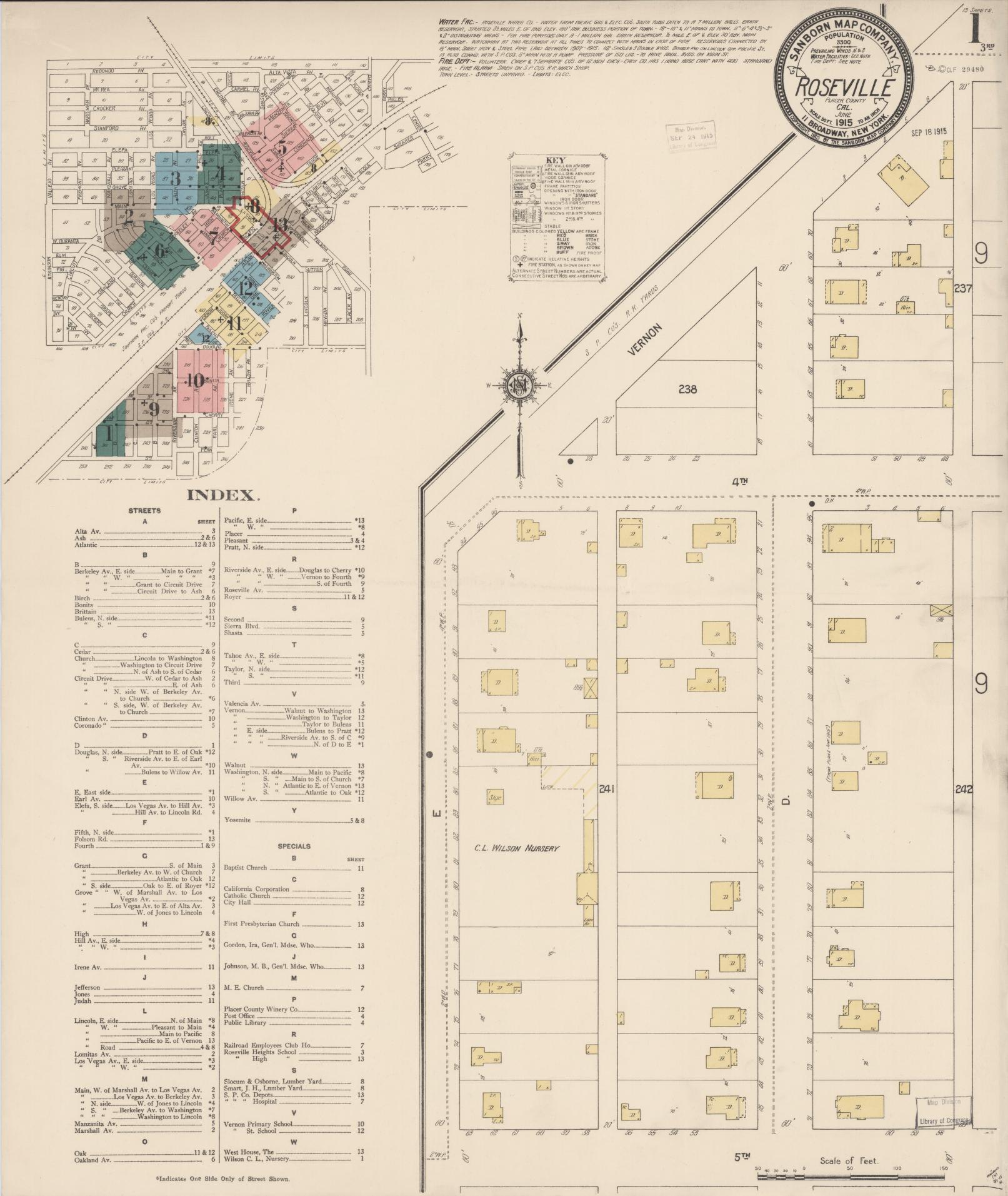Sanborn Fire Insurance Map from Roseville, Placer County, California (1915), Sheet #0001 - Complete Map Set gallery image, historic Sanborn map, vintage wall art, California California