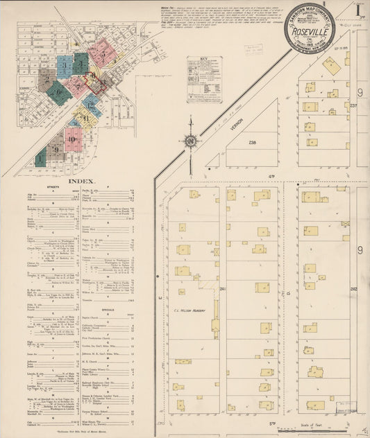 Sanborn Fire Insurance Map from Roseville, Placer County, California (1915), Sheet #0001 - Complete Map Set gallery image, historic Sanborn map, vintage wall art, California California
