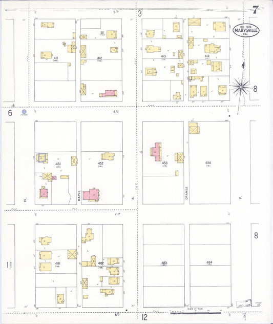 Sanborn Fire Insurance Map from Marysville, Yuba County, California (1909), Sheet #0007 - Historic Sanborn Fire Insurance Map Print, vintage old map wall art, antique decor, genealogy gift, California California map