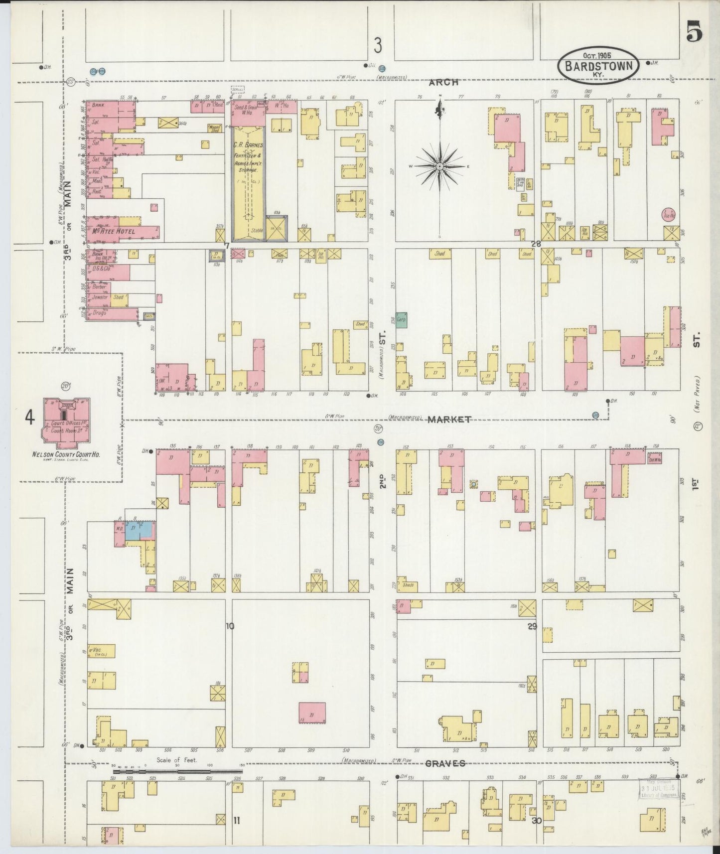 Sanborn Fire Insurance Map from Bardstown, Nelson County, Kentucky (1905), Sheet #0005 - Complete Map Set gallery image, historic Sanborn map, vintage wall art, Kentucky Kentucky