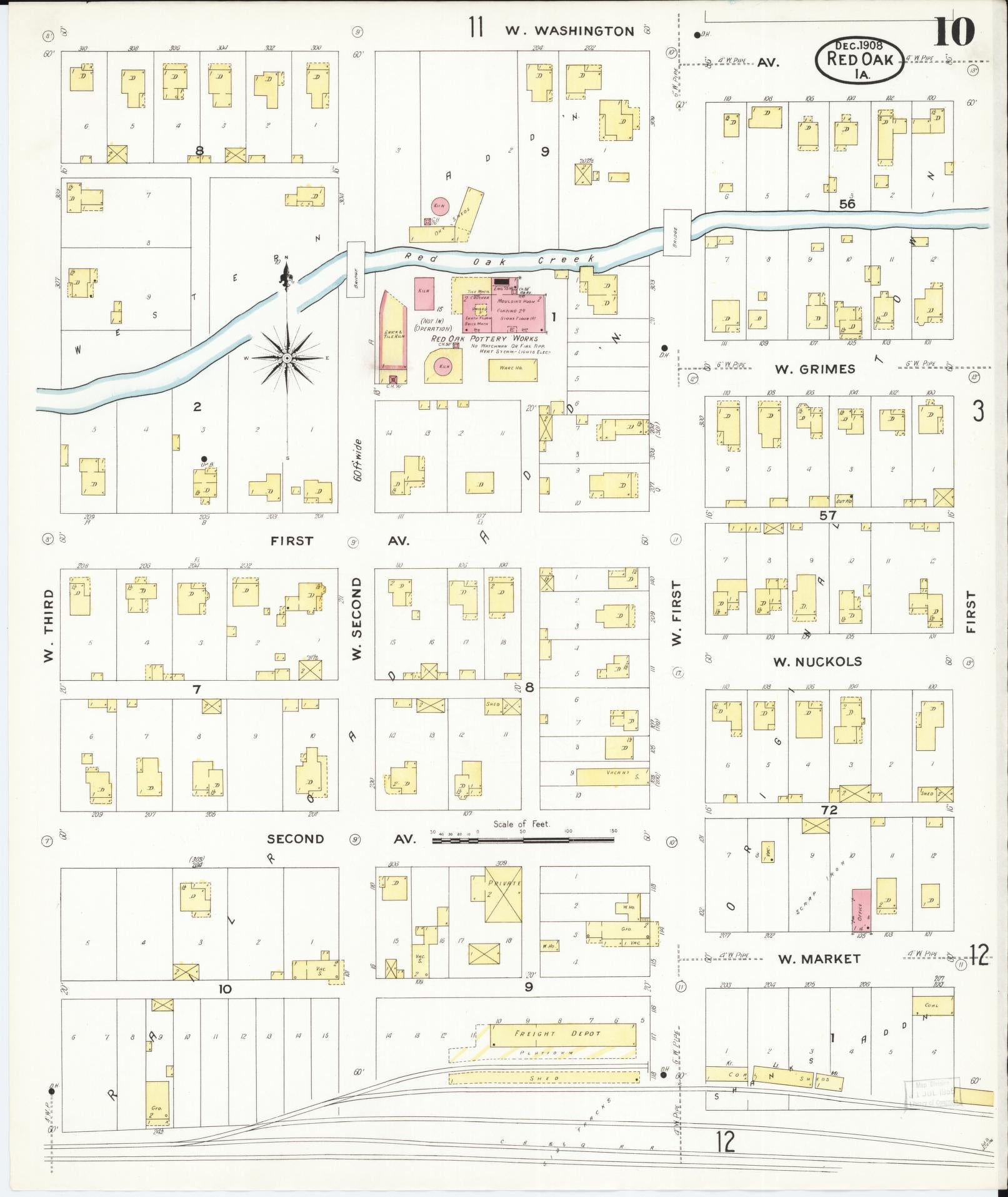 Sanborn Fire Insurance Map from Red Oak, Montgomery County, Iowa (1908), Sheet #0010 - Historic Sanborn Fire Insurance Map Print, vintage old map wall art