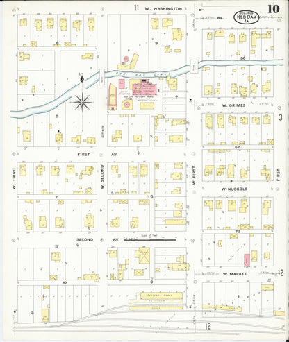 Sanborn Fire Insurance Map from Red Oak, Montgomery County, Iowa (1908), Sheet #0010 - Historic Sanborn Fire Insurance Map Print, vintage old map wall art
