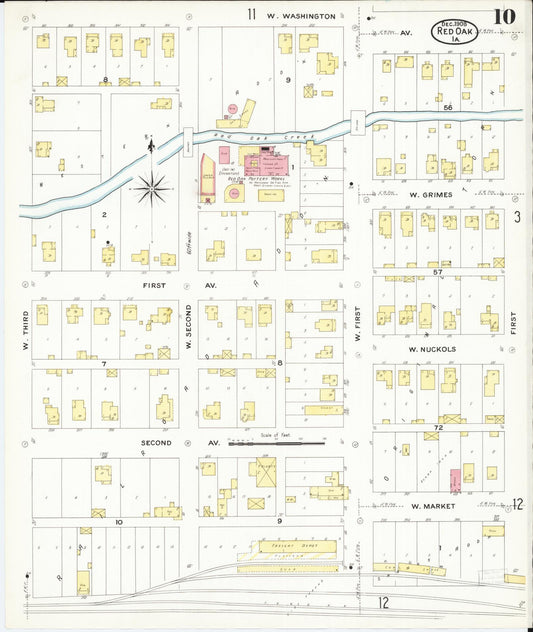 Sanborn Fire Insurance Map from Red Oak, Montgomery County, Iowa (1908), Sheet #0010 - Historic Sanborn Fire Insurance Map Print, vintage old map wall art