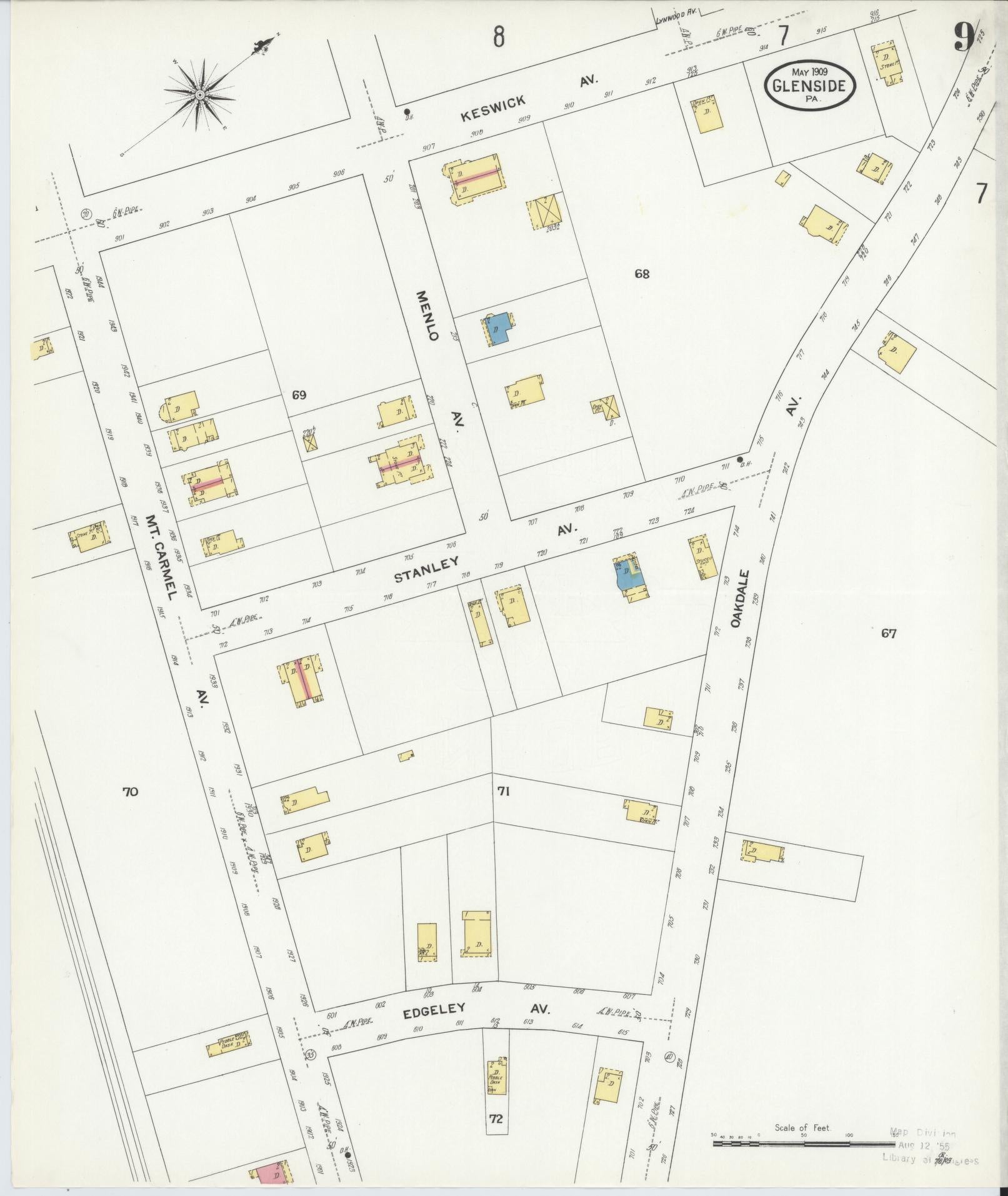 Sanborn Fire Insurance Map from Glenside, Montgomery County, Pennsylvania (1909), Sheet #0009 - Historic Sanborn Fire Insurance Map Print, vintage old map wall art, antique decor, genealogy gift, Pennsylvania Pennsylvania map