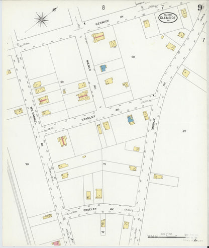 Sanborn Fire Insurance Map from Glenside, Montgomery County, Pennsylvania (1909), Sheet #0009 - Historic Sanborn Fire Insurance Map Print, vintage old map wall art, antique decor, genealogy gift, Pennsylvania Pennsylvania map