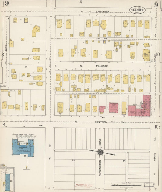 Sanborn Fire Insurance Map from Fillmore, Ventura County, California (1923), Sheet #0009 - Historic Sanborn Fire Insurance Map Print, vintage old map wall art, antique decor, genealogy gift, California California map