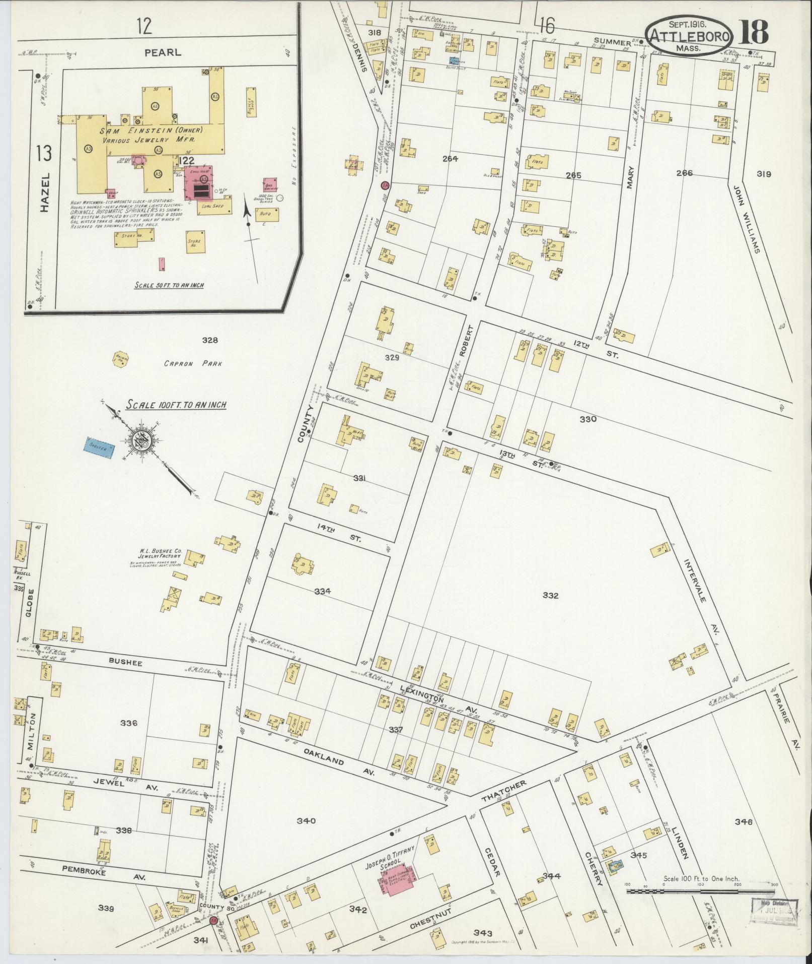 Sanborn Fire Insurance Map from Attleboro, Bristol County, Massachusetts (1916), Sheet #0018 - Complete Map Set gallery image, historic Sanborn map, vintage wall art, Massachusetts Massachusetts