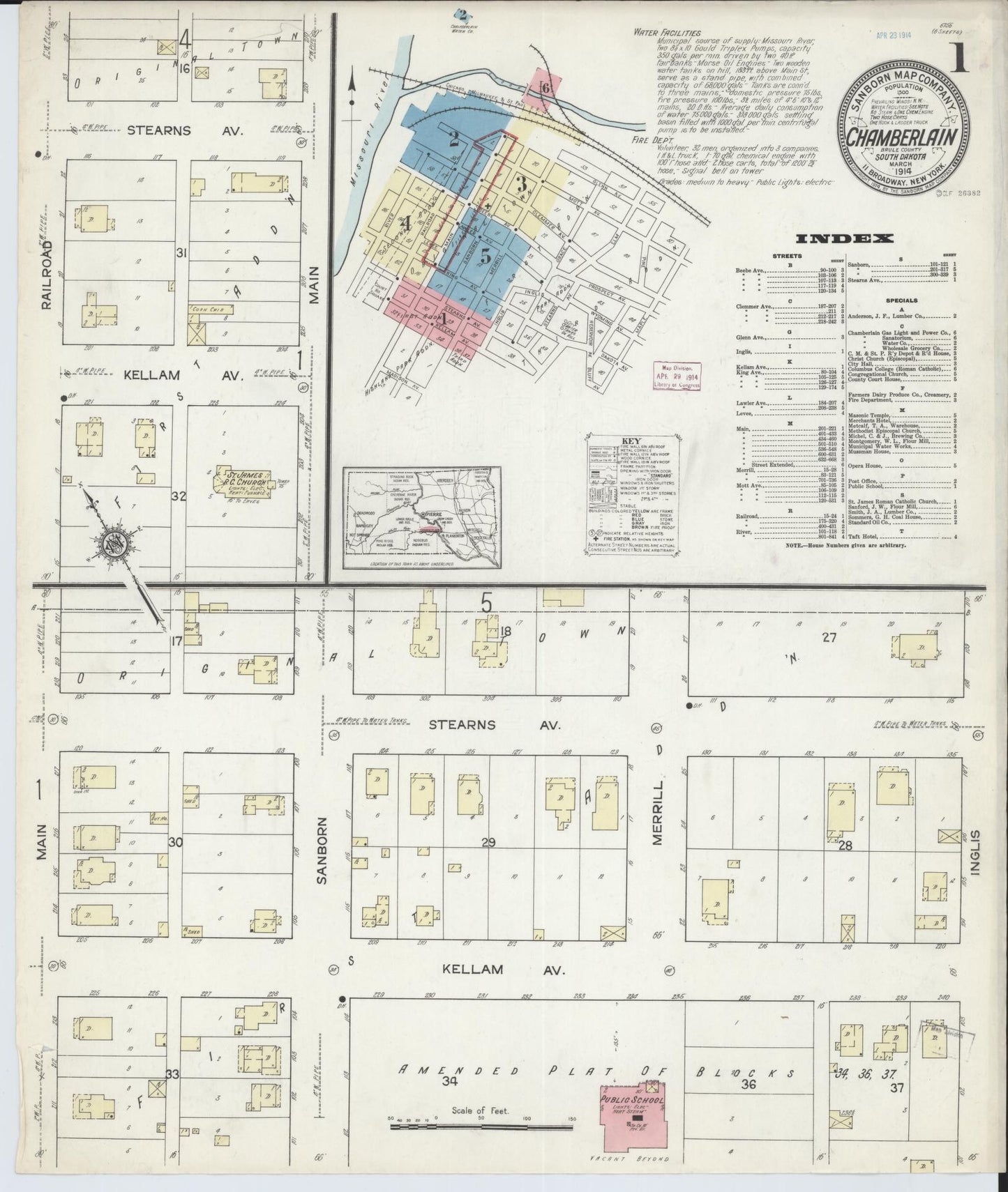 Sanborn Fire Insurance Map from Chamberlain, Brule County, South Dakota (1914), Sheet #0001 - Complete Map Set gallery image, historic Sanborn map, vintage wall art, South Dakota South Dakota