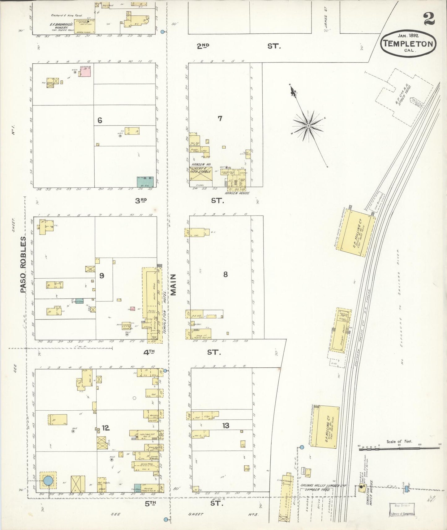 Sanborn Fire Insurance Map from Templeton, San Luis Obispo County, California (1892), Sheet #0002 - Complete Map Set gallery image, historic Sanborn map, vintage wall art, California California
