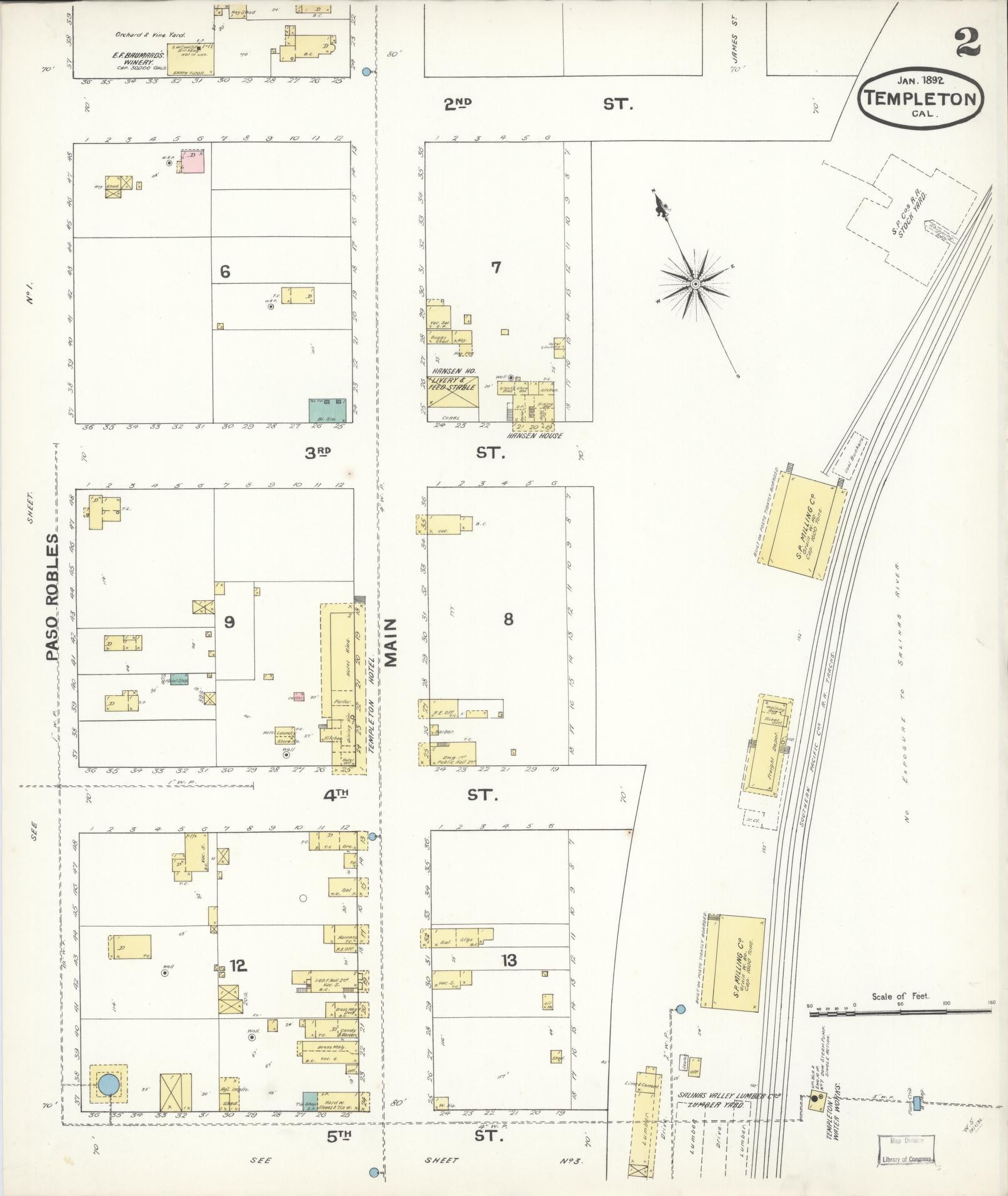 Sanborn Fire Insurance Map from Templeton, San Luis Obispo County, California (1892), Sheet #0002 - Complete Map Set gallery image, historic Sanborn map, vintage wall art, California California