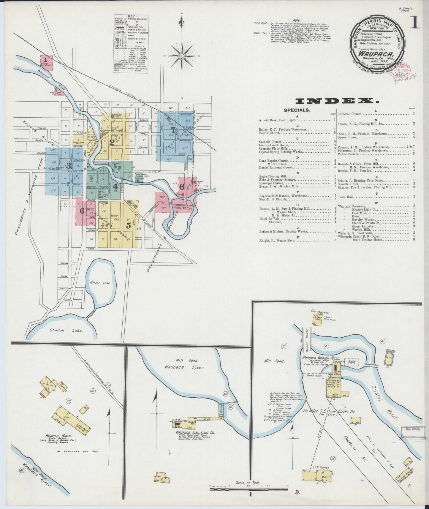 Sanborn Fire Insurance Map from Waupaca, Waupaca County, Wisconsin (1895), Sheet #0001 - Historic Sanborn Fire Insurance Map Print, vintage old map wall art, antique decor, genealogy gift, Wisconsin Wisconsin map