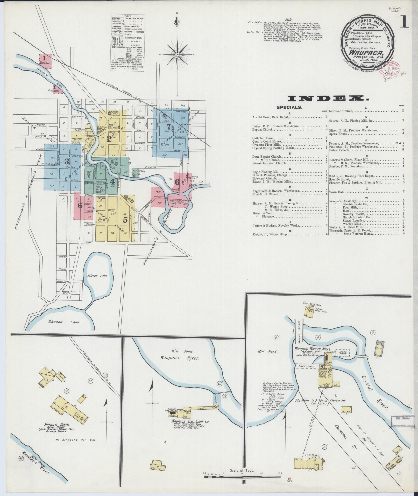 Sanborn Fire Insurance Map from Waupaca, Waupaca County, Wisconsin (1895), Sheet #0001 - Historic Sanborn Fire Insurance Map Print, vintage old map wall art, antique decor, genealogy gift, Wisconsin Wisconsin map