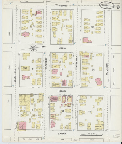 Sanborn Fire Insurance Map from Jacksonville, Duval County, Florida (1891), Sheet #0009 - Historic Sanborn Fire Insurance Map Print, vintage old map wall art, antique decor, genealogy gift, Florida Florida map