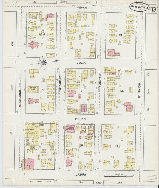 Sanborn Fire Insurance Map from Jacksonville, Duval County, Florida (1891), Sheet #0009 - Historic Sanborn Fire Insurance Map Print, vintage old map wall art, antique decor, genealogy gift, Florida Florida map