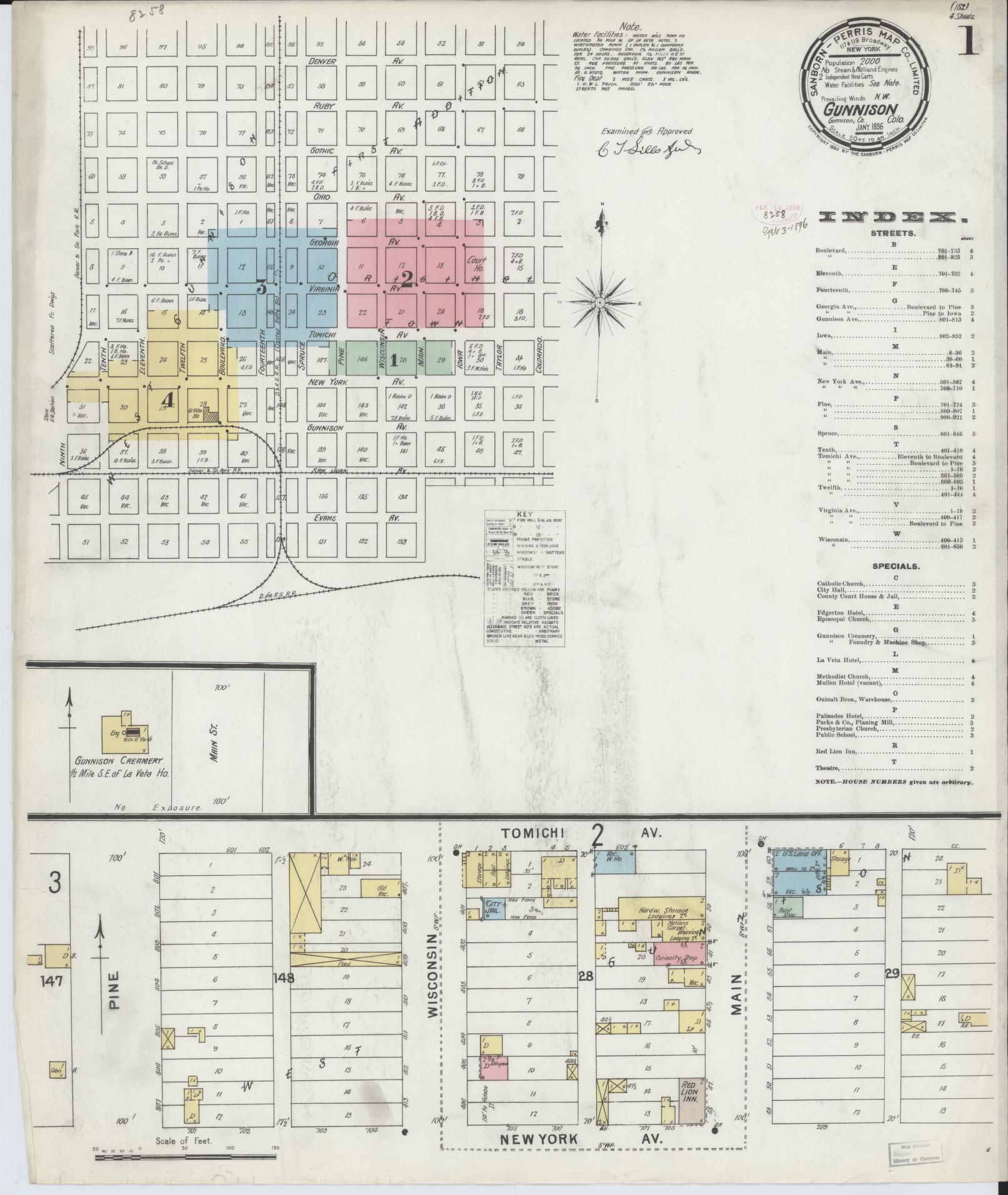 Sanborn Fire Insurance Map from Gunnison, Gunnison County, Colorado (1896), Sheet #0001 - Historic Sanborn Fire Insurance Map Print, vintage old map wall art, antique decor, genealogy gift, Colorado Colorado map