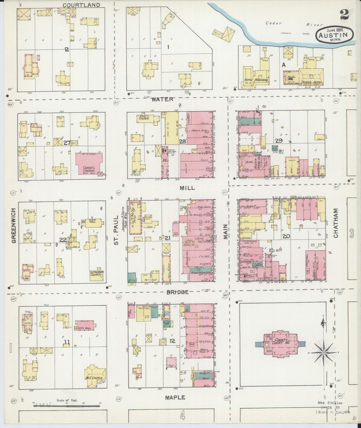Sanborn Fire Insurance Map from Austin, Mower County, Minnesota (1892), Sheet #0002 - Historic Sanborn Fire Insurance Map Print, vintage old map wall art, antique decor, genealogy gift, Minnesota Minnesota map