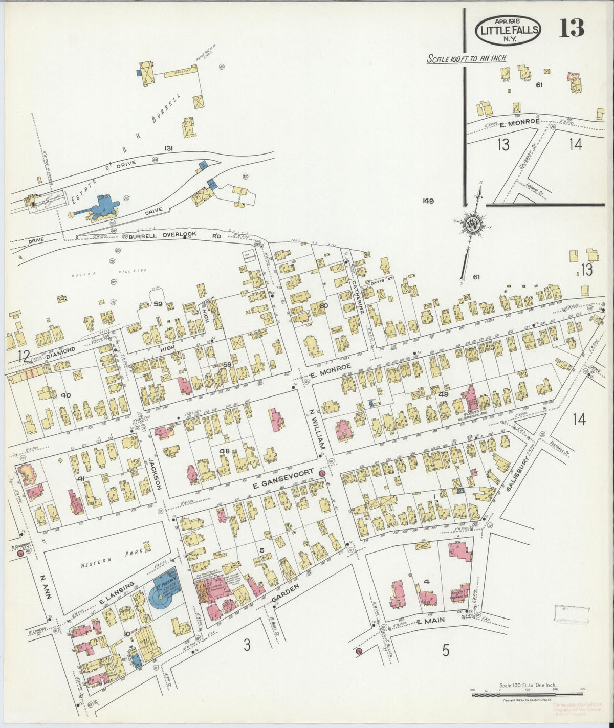 Sanborn Fire Insurance Map from Little Falls, Herkimer County, New York (1918), Sheet #0013 - Historic Sanborn Fire Insurance Map Print, vintage old map wall art, antique decor, genealogy gift, New York New York map